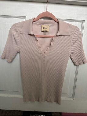 Elie Tahari Dusty Pink Ribbed Collared V-Neck Tee